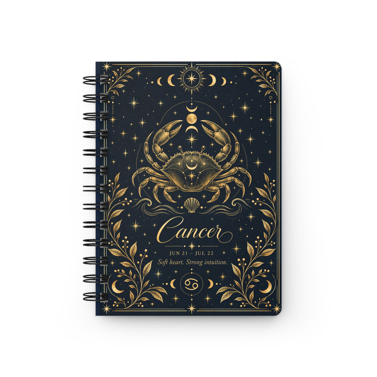 Cancer Zodiac Spiral Notebook — Gold Zodiac Journal (June 21–July 22)